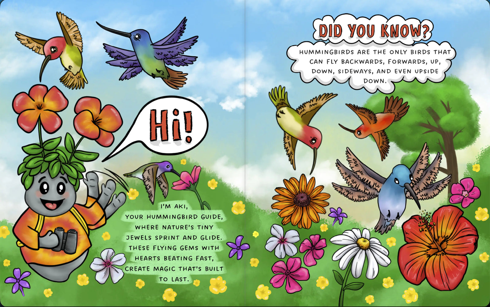 Illustrated hummingbird nest and flowers spread