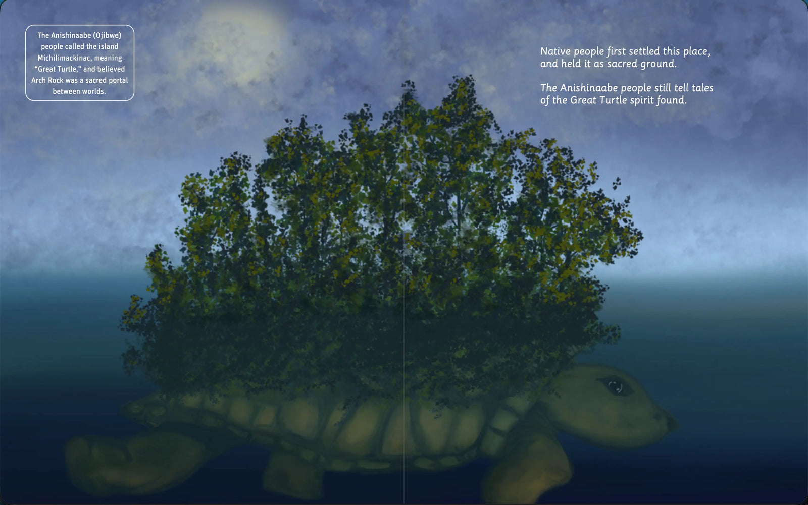 Illustrated Mackinac Island bridge and shoreline spread