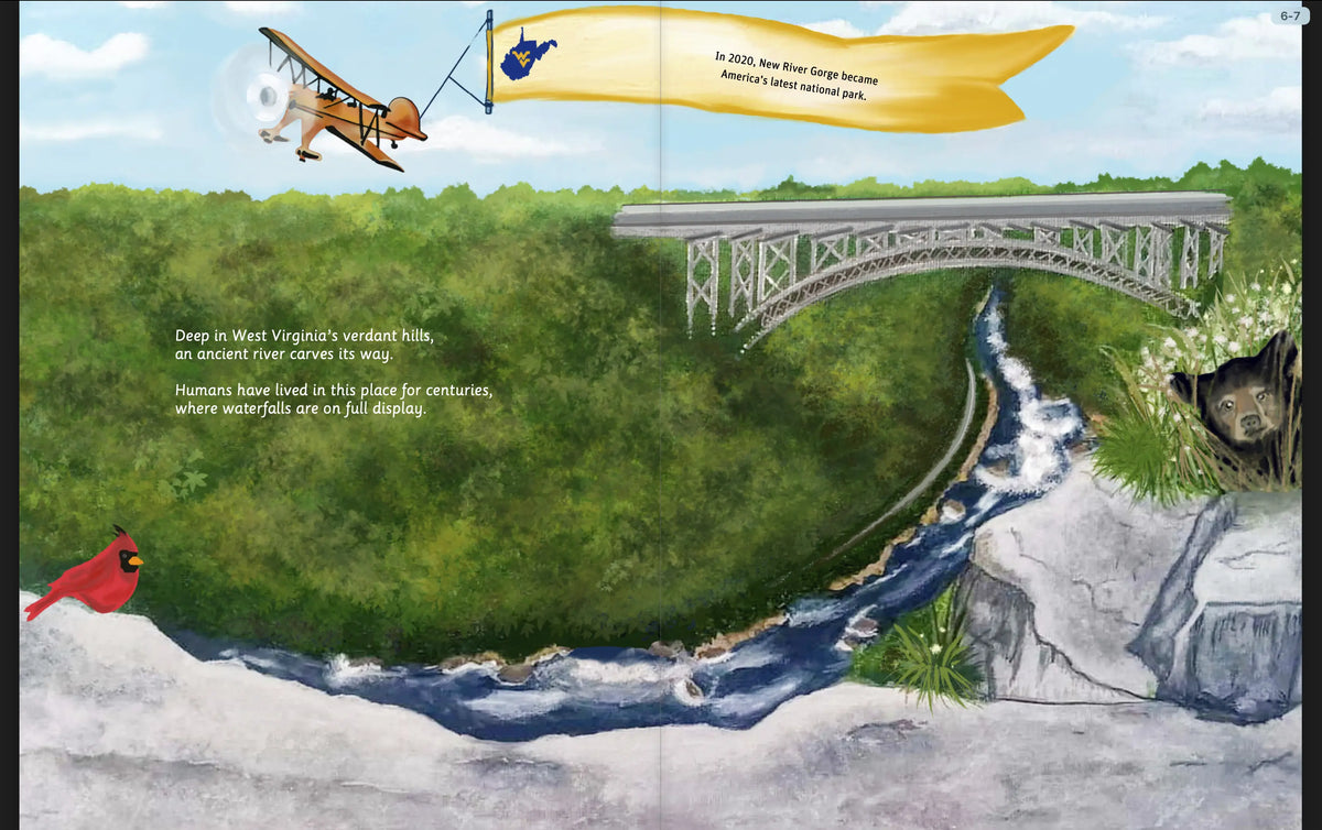 Illustrated New River Gorge river, bridge, cliffs, and rapids spread