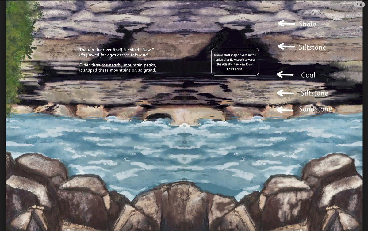Illustrated New River Gorge forest, wildlife, and historic mining landscape spread