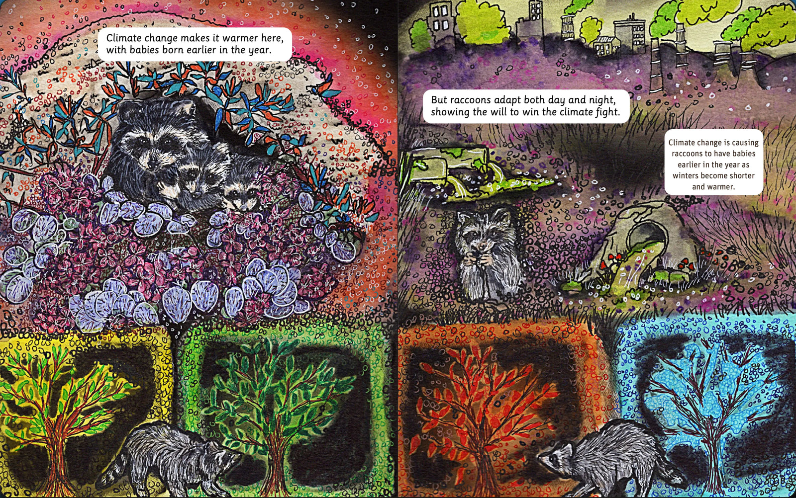 Illustrated nighttime raccoon habitat spread