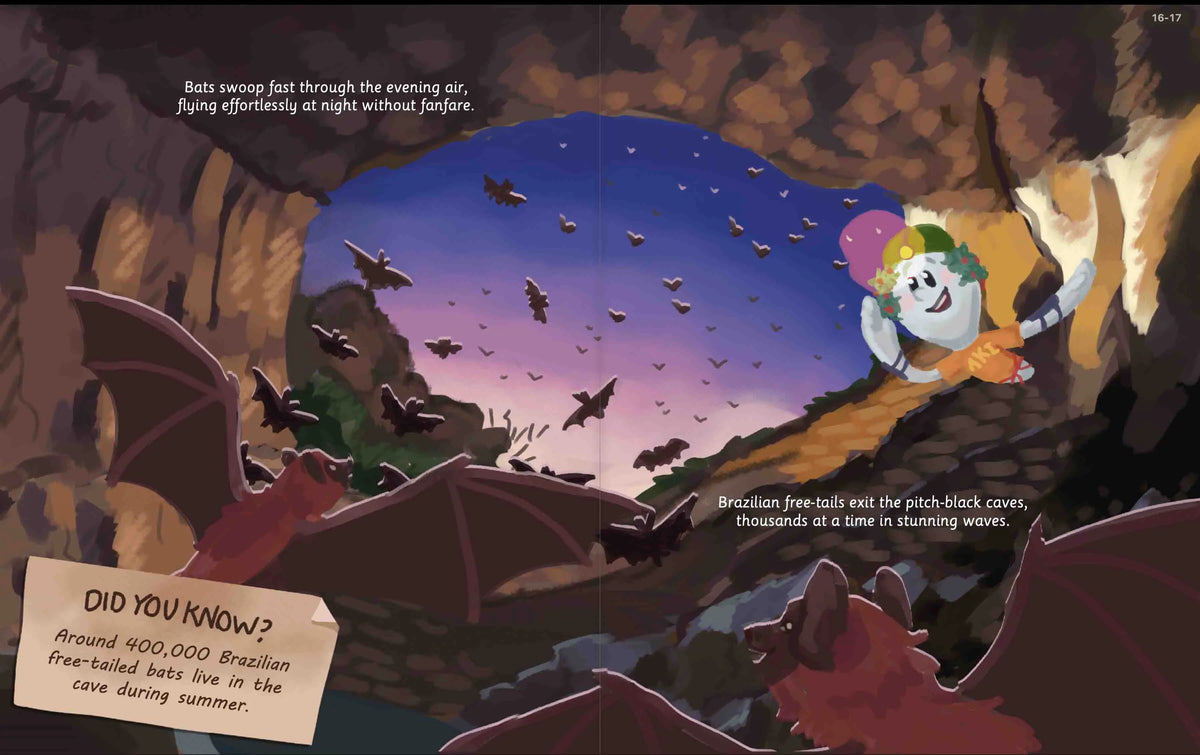 Illustrated Carlsbad Caverns bats and cave wildlife spread