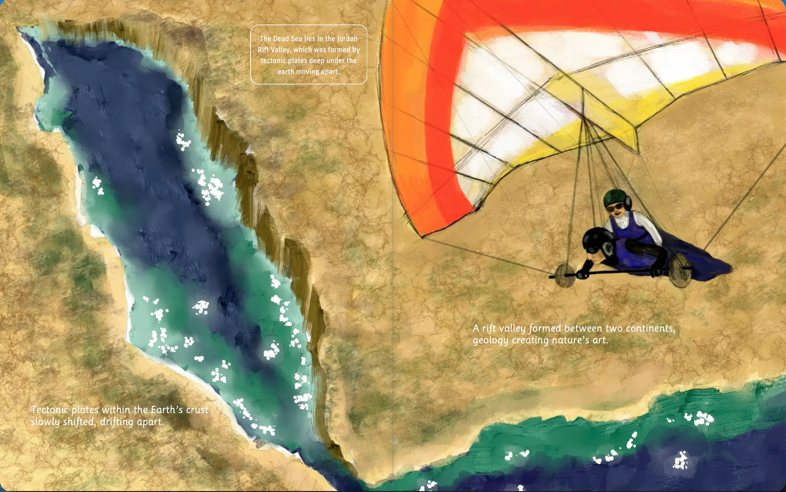 Illustrated Dead Sea desert landscape spread