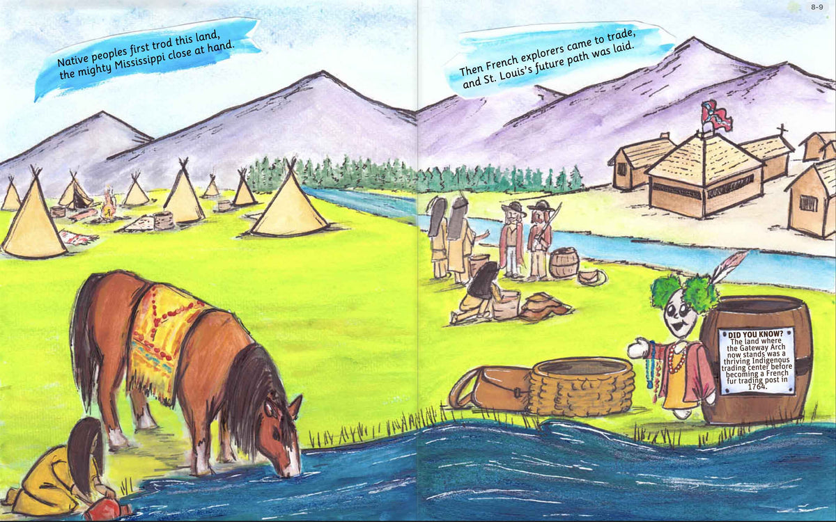 Illustrated Gateway Arch and Mississippi River spread