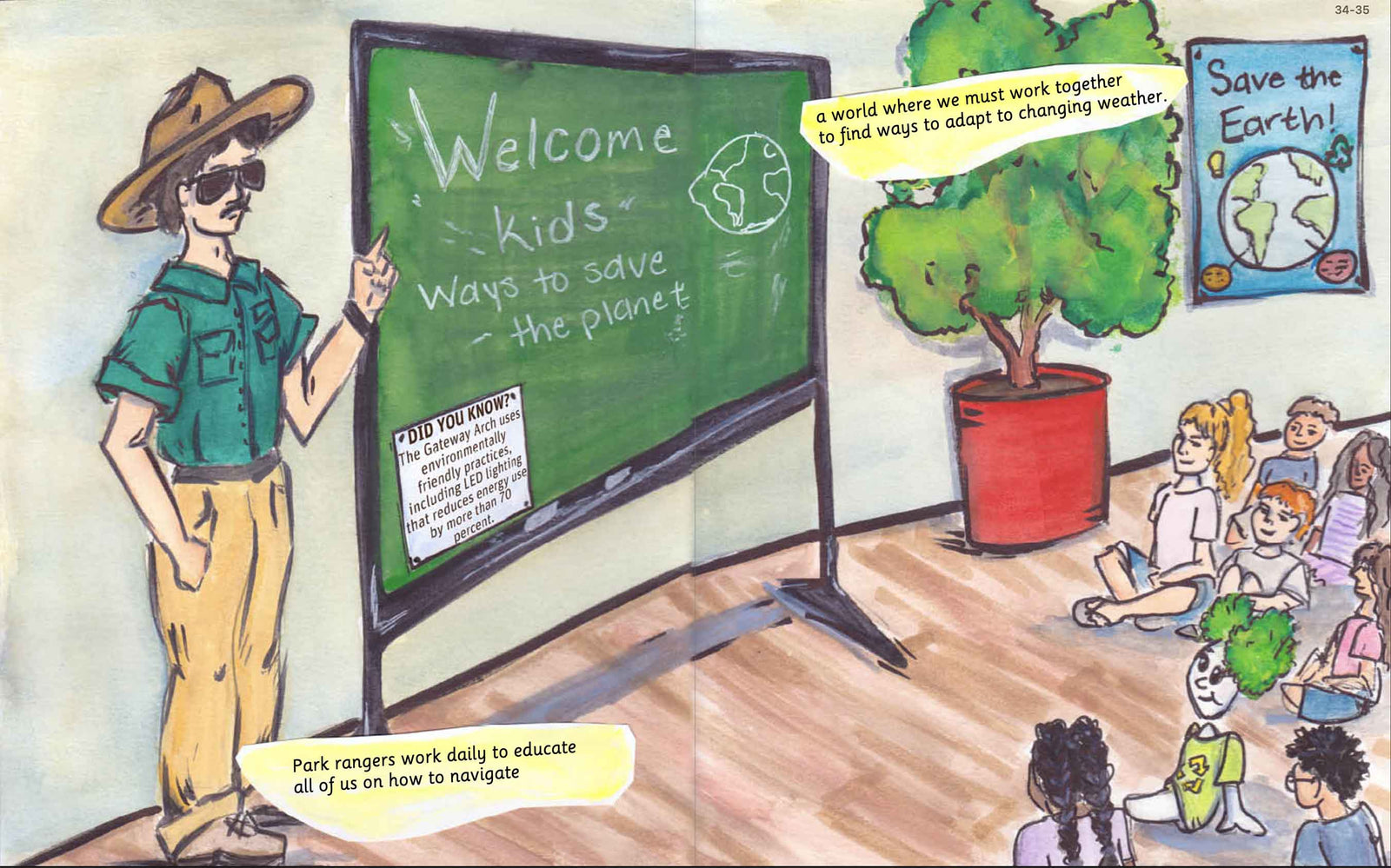 Illustrated Gateway Arch park and wildlife spread