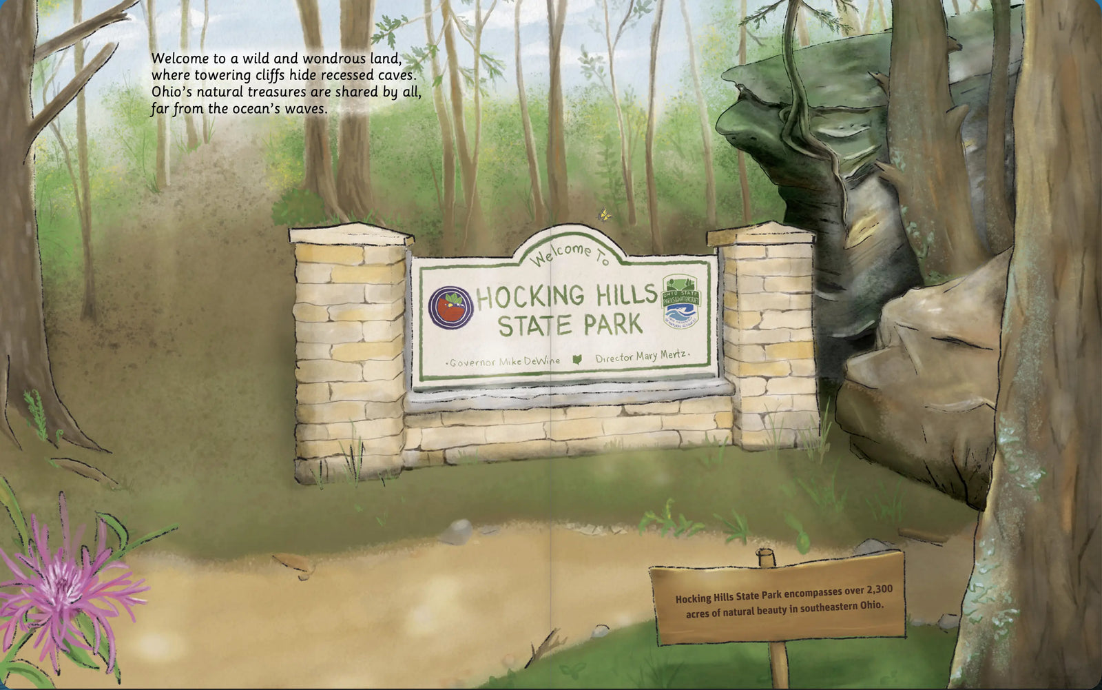 Illustrated Hocking Hills State Park waterfall spread