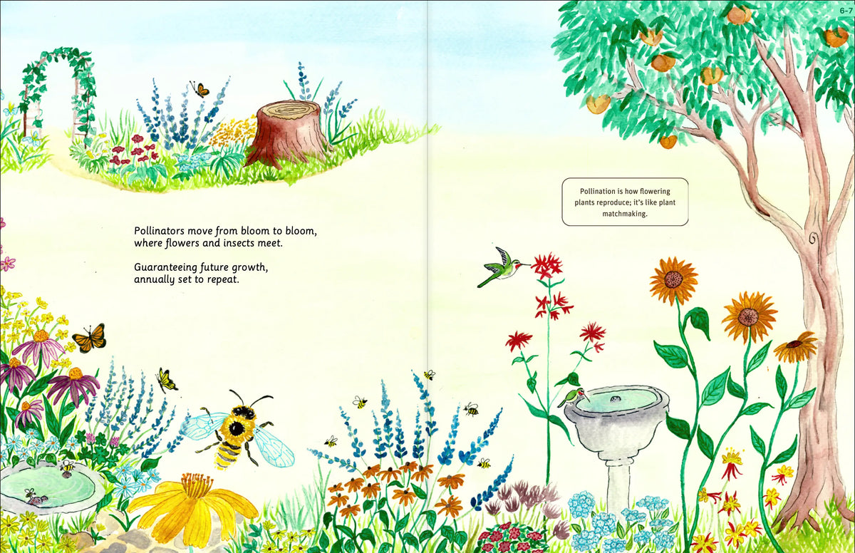 Illustrated flowers, pollen, bees, butterflies, and hummingbirds spread