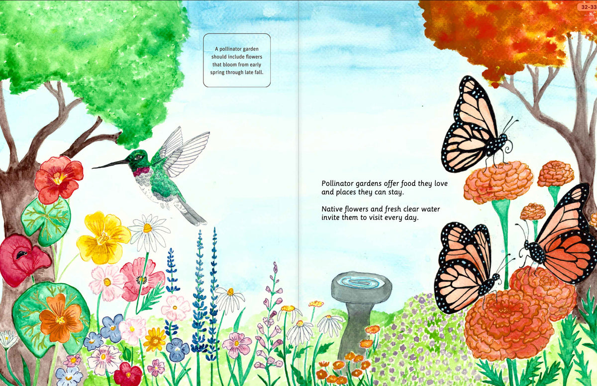 Illustrated nighttime pollinators and family pollinator garden spread